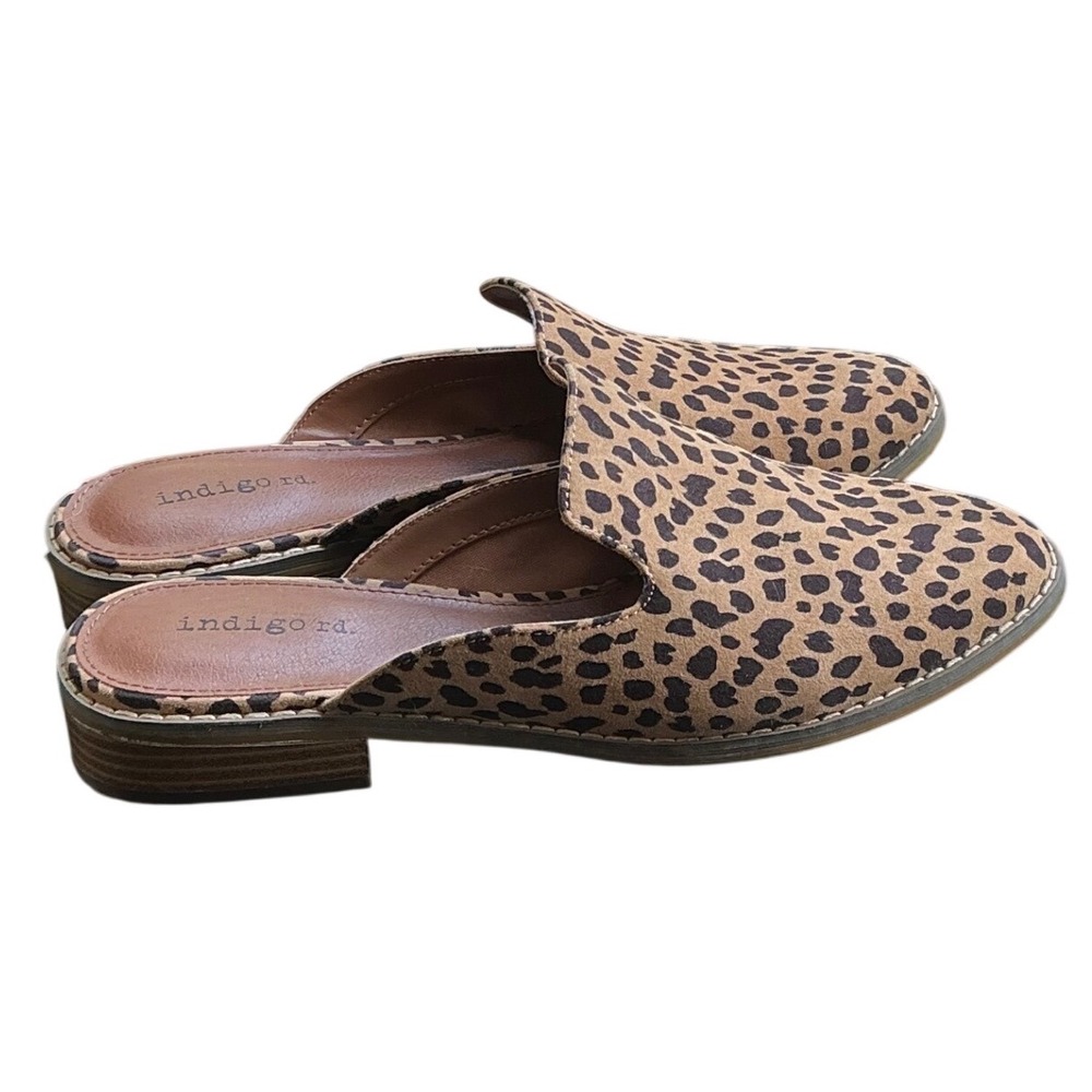 Indigo Rd Womens Leopard Print Mules Pointed Toe Slip On Flats‎ Tan Black 7.5